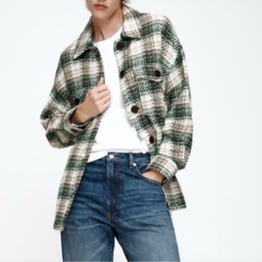 NWOT Zara Tweed Plaid Shirt Jacket Shacket Green Cream Size Small